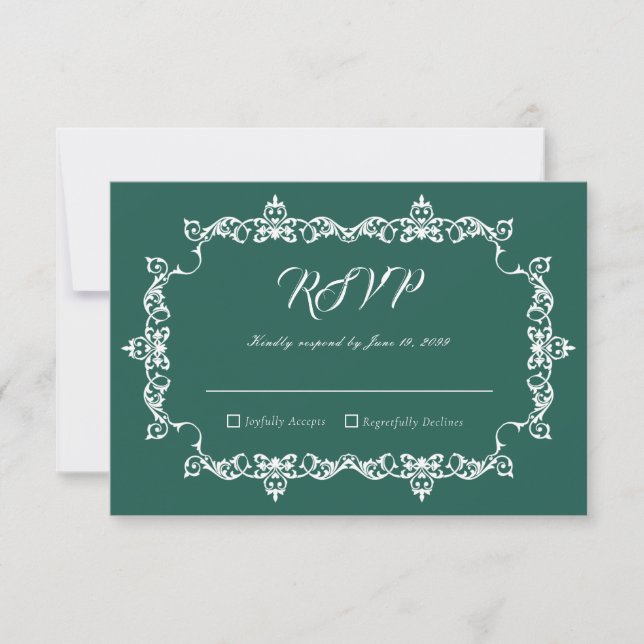 Cartão RSVP Classic Emerald Green Ornately Framed Wedding (Frente)