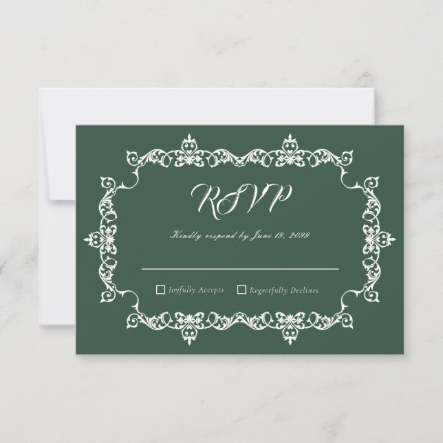 Cartão RSVP Classic Forest Green Ornately Framed Wedding (Frente)