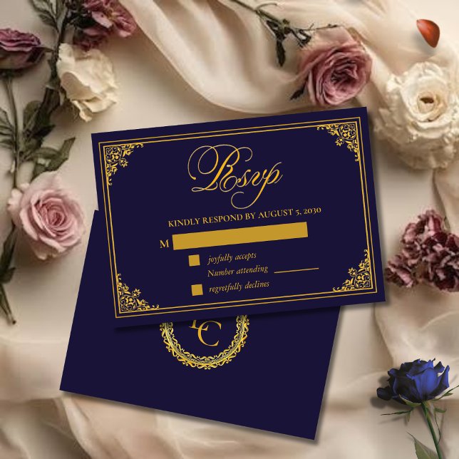 Cartão RSVP Classic Gold Frame Royal Monogram Wedding (Criador carregado)