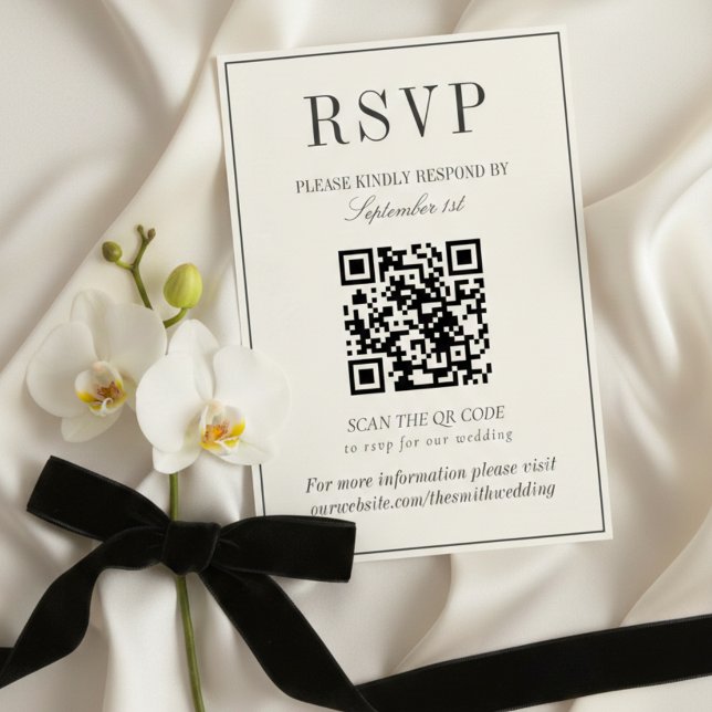 Cartão RSVP Classic Ivory Damask Rococo Pattern Wedding QR (Criador carregado)