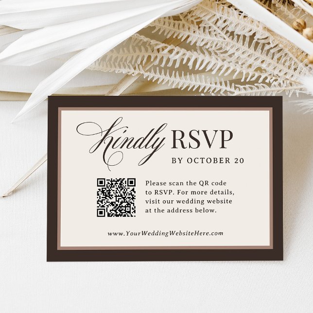 Cartão RSVP Classic Luxe | Brown Neutral QR Code Wedding (Criador carregado)