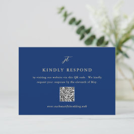 Cartão RSVP Classic Navy Blue Monogram QR Code Elegant Wedding