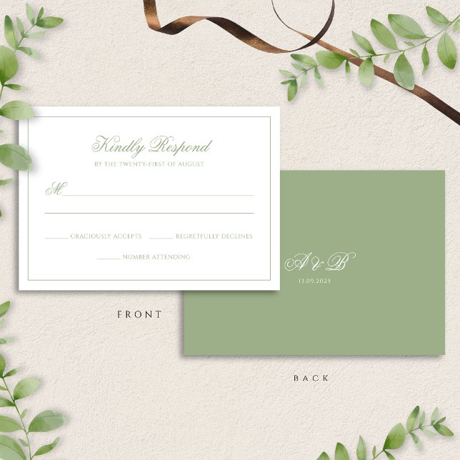 Cartão RSVP Classic Real Sage Green Monogram Script Wedding (Criador carregado)