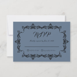 Cartão RSVP Classic Slate Blue Ornately Framed Wedding