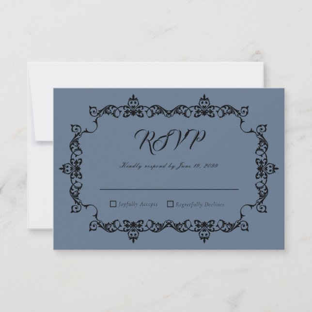 Cartão RSVP Classic Slate Blue Ornately Framed Wedding (Frente)