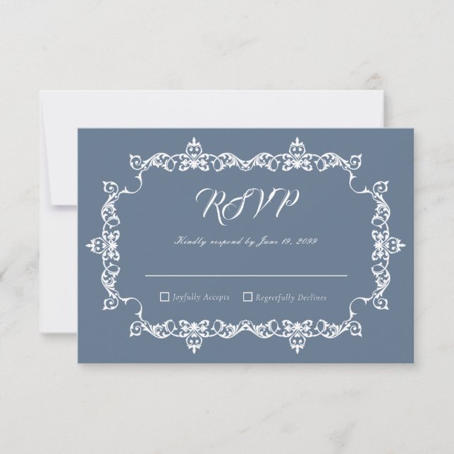 Cartão RSVP Classic Slate Blue Ornately Framed Wedding (Frente)