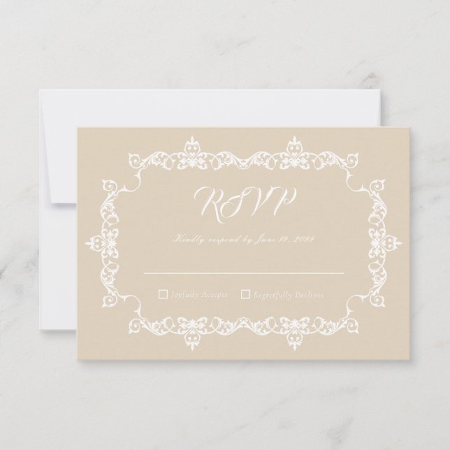 Cartão RSVP Classic Warm Sand Ornately Framed Wedding (Frente)