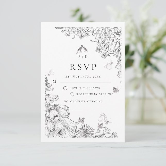 Cartão RSVP Classic White Black Floral Wedding  (Em pé/Frente)