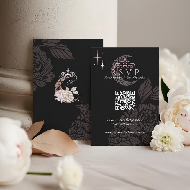 Cartão RSVP Clássica da Lua Floral Estrelas Tiara Quinceañera  (Classy Floral Moon Stars Tiara Quinceañera QR Code RSVP Card)