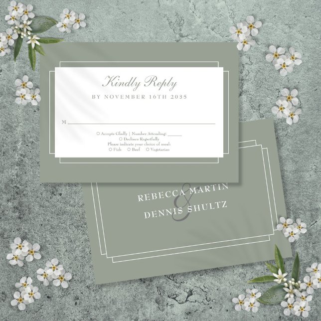 Cartão RSVP Clássico Art Deco Sage Green Wedding (Classic Art Deco Sage Green Wedding RSVP Card)