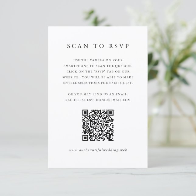 Cartão RSVP Clássico Atemporal Código QR Casamento Formal (Em pé/Frente)