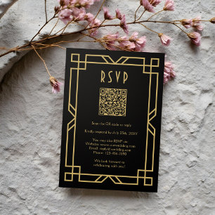 Cartão RSVP Clássico bege Dourado preto elegante Art Deco QR