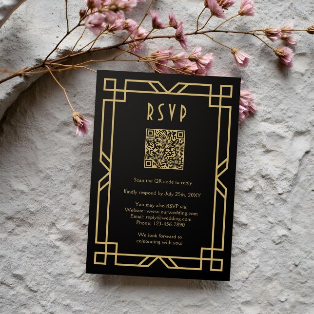 Cartão RSVP Clássico bege Dourado preto elegante Art Deco QR (Criador carregado)