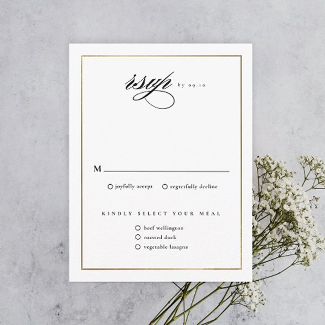 Cartão RSVP Clássico Casamento de Ouro com Letra Elegante  (Elegant calligraphy wedding invitation RSVP enclosure card.)