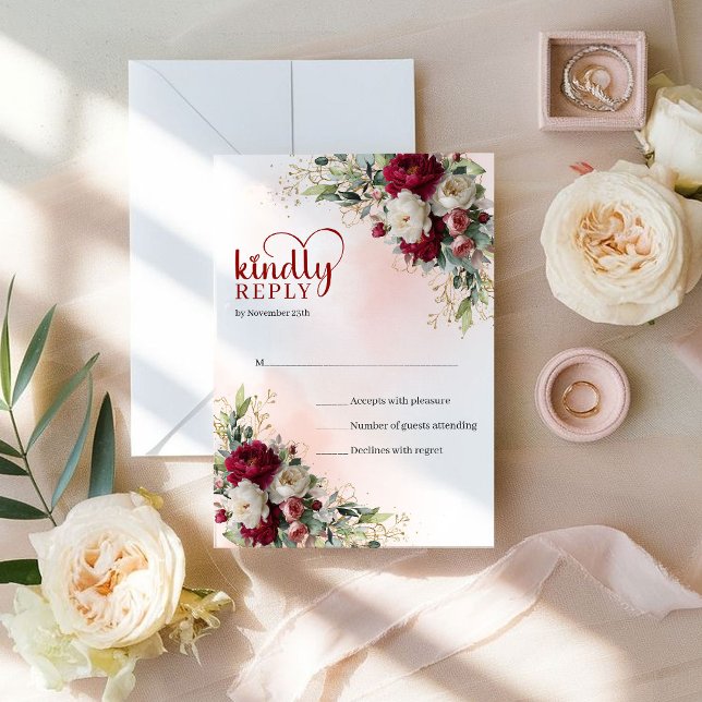 Cartão RSVP Clássico Casamento Flores Vermelhas e Brancas Dour (Sophisticated Boho Burgundy White Floral Gold Wedding RSVP)