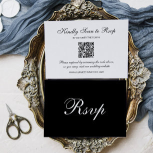 Cartão RSVP Clássico e Formal Preto Código QR Casamento