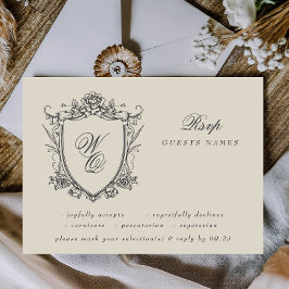 Cartão RSVP Clássico Floral Crest Beige Monogramas Casamento
