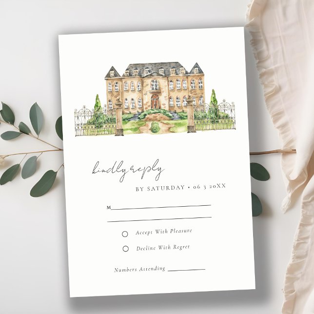 Cartão RSVP Clássico Jardim Chateau Manor Watercolor Casamento (Criador carregado)