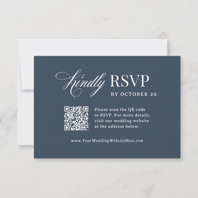 Cartão RSVP Clássico Luxo | Casamento com Código QR Azul-Marin (Frente)