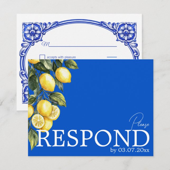 Cartão RSVP 💙🍋Clássico QR Simples Azul & Limone Romance (Frente/Verso)