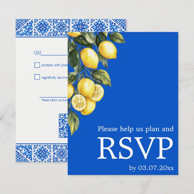 Cartão RSVP 💙🍋Clássico QR Simples Azul & Limone Romance (Frente/Verso)