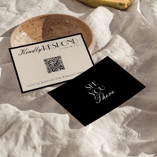 Cartão RSVP Classy Black Cream Old Money QR Code Wedding (Criador carregado)