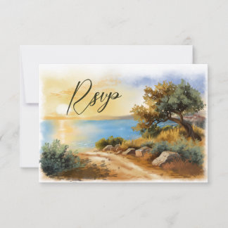 Cartão RSVP Coast Watercolor Sunset Mediterranean QR code