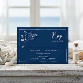 Cartão RSVP Coastal Blues Seashells & Script Wedding RSV