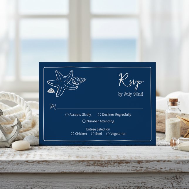Cartão RSVP Coastal Blues Seashells & Script Wedding RSV (Criador carregado)
