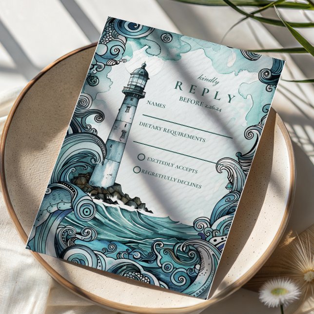 Cartão RSVP Coastal Lighthouse Wave Wedding (Criador carregado)