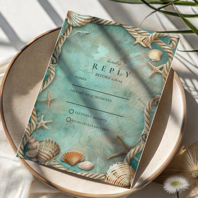 Cartão RSVP Coastal Seashell Botanical Wedding (Criador carregado)