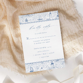Cartão RSVP Coastal Toile Lighthouse Blue Wedding