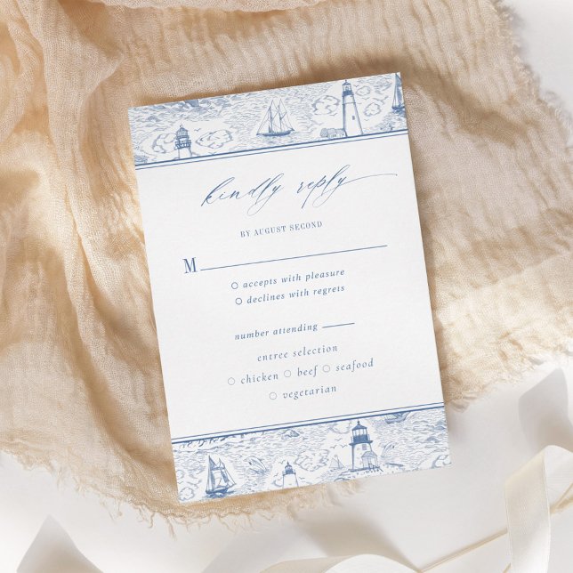 Cartão RSVP Coastal Toile Lighthouse Blue Wedding (Criador carregado)