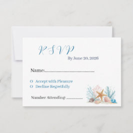 Cartão RSVP Coastal Watercolor Seashells & Coral Beach Wedding