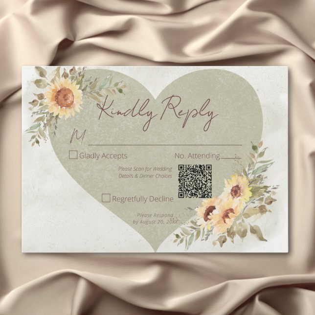 Cartão RSVP Cód. Boho Heart Wedt QR (Soft Sunflowers Boho Heart Wedding QR Code RSVP Card)