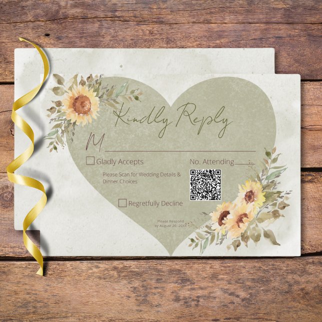 Cartão RSVP Cód. Boho Heart Wedt QR (Soft Sunflowers Boho Heart Wedding QR Code RSVP Card)