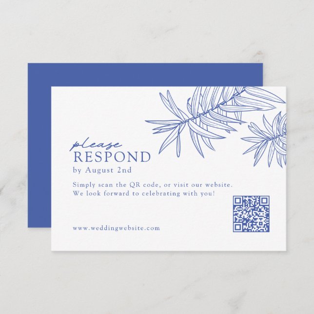 Cartão RSVP Código de QR Botânico Minimalista Azul (Frente/Verso)