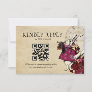 Cartão RSVP Código QR Alice Burgundy no Casamento Wonderland