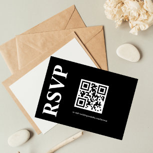 Cartão RSVP CÓDIGO QR baseado em texto branco e preto minimiza