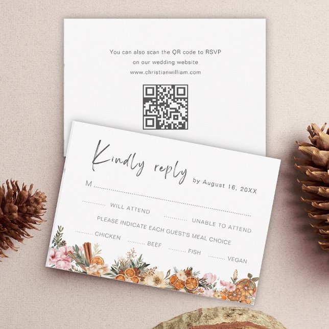 Cartão RSVP Código QR Boho Holiday Wedding (Criador carregado)