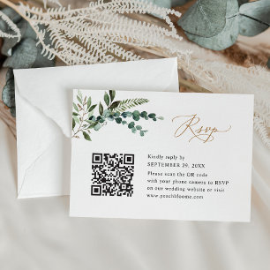 Cartão RSVP Código QR Boho Moderno Casamento Dourado Greenery