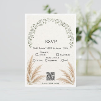 Cartão RSVP Código QR Boho Verde Salvia Eucalipto Grama Pampas