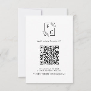 Cartão RSVP Código QR Botânico Preto e Branco Simples Monogram