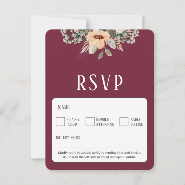 Cartão RSVP Código QR Burgundy floral elegante (Frente)