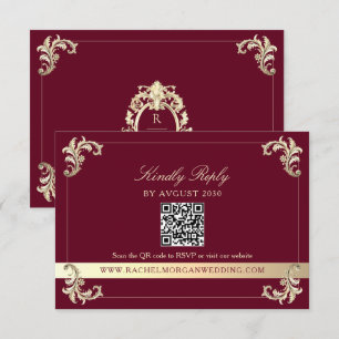 Cartão RSVP Código QR Casamento Barroco Dourado Borgonha