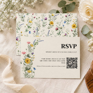 Cartão RSVP Código Qr Casamento Boho Moderno de Flor Silvestre