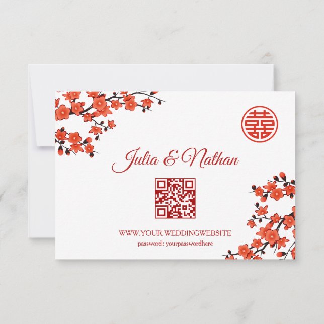 Cartão RSVP Código QR | Casamento chinês RSVP-RSVP de Cereja (Verso)