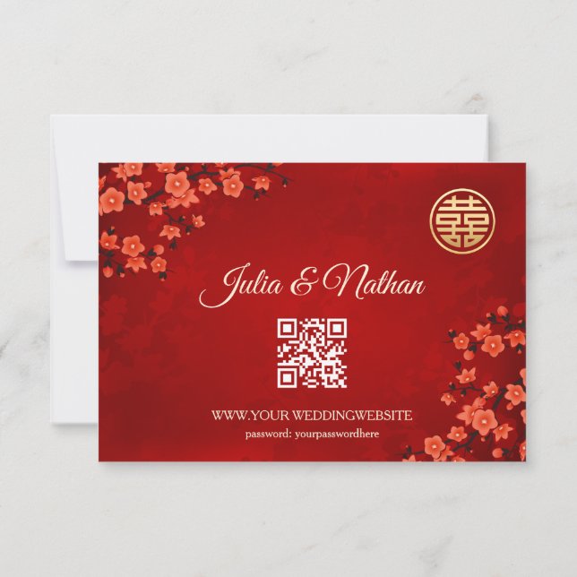 Cartão RSVP Código QR | Casamento chinês RSVP-RSVP de Cereja (Verso)