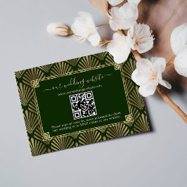 Cartão RSVP Código QR Casamento de Arte Dourada Verde Escuro