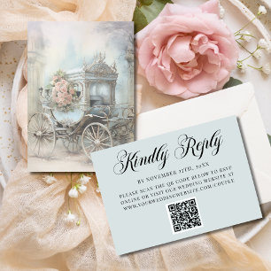 Cartão RSVP Código QR Casamento de Conto de Fadas Carruagem Az